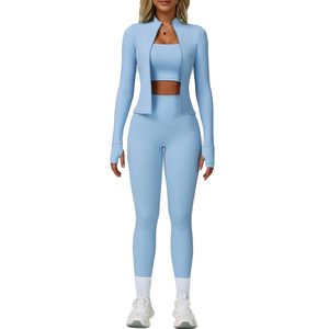 <b>Light</b> <b>Blue</b> Yoga Set Women 3 Piece High Waist Leggings Crop <b>Top</b> With <b>Long</b> <b>Sleeve</b> Jacket Sport Fitness Workout Wear - Product Image 5