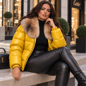 Veste matelassée coupe-vent en cuir véritable à carreaux pour femme avec col en fourrure de renard, fermeture éclair, design fin, style streetwear - Product Image 6