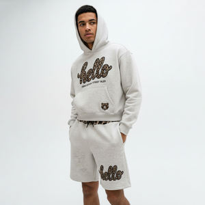 Leopard Lining Streetwear Heather Gray Hoodie & Short Stylish Tracksuit Applique Embroidery Logo Two Piece Sweat <b>Suit</b> for Men - Product Image 4