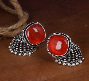 Wholesale Oxidized Silver <b>Red</b> Cat Eye Stone Jhumka <b>Earrings</b> Handmade Tribal Dome <b>Earrings</b> Ethnic Boho Jewelry Supplier - Product Image 4