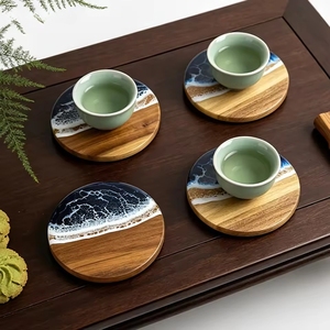 Round Natural Wood & <b>Epoxy</b> Resin Handmade Coasters Ocean Wave Design Modern Non Slip From REHMAN CRAFT - Product Image 2