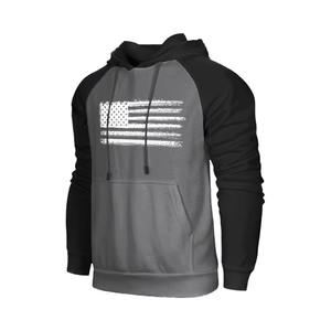 Sudadera con Capucha de Manga Raglán para Hombre, Color Gris y Negro, Estampado de Bandera Americana, Informal, de Algodón, Felpa Francesa, Corte Regular, para Otoño - Product Image 3