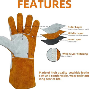 Gants de soudage en cuir Holy Signs International HSI-1450, avec pouce droit, testés contre les éclaboussures de métal fondu, type A, doublés en polaire, pour soudage TIG - Product Image 4