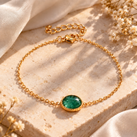 Bracelet en or plaqué émeraude teintée |   Bracelet chaîne avec cabochon ovale en pierre précieuse |   Bijoux faits à la main