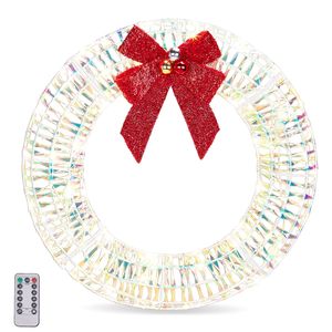 Ghirlanda Natalizia da Esterno in PVC Iridescente Pre-Illuminata da 24 Pollici con Luci LED Bianco Caldo e Fiocco Rosso, Articolo Natalizio per Interni - Product Image 1