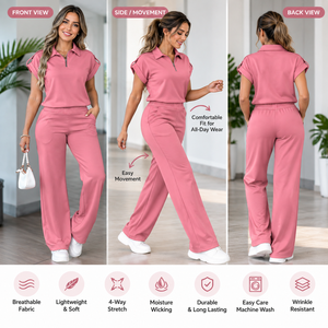 Conjunto de uniforme médico rosa para mujer, de manga corta, cuello alto, pantalón de pierna ancha, de punto de algodón y poliéster, para detección de agujas - Product Image 3
