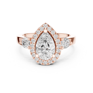 Elegante Anillo de Compromiso de Moissanita con Corte de Pera y Halo de Diamantes, con Acentos Laterales Redondos, Chapado en Oro Rosa sobre Plata - Product Image 1