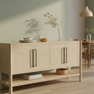 Buffet en bois tressé naturel à 4 portes avec étagère en rotin, meuble de rangement moderne en bois et tissu tressé, pieds ronds - Product Image 3