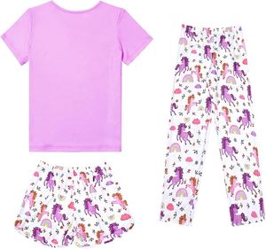 Ensemble pyjama pour bébé fille, rose à carreaux, t-shirt, pantalon, short, coton respirant, spandex, vêtements de nuit d'été, col rond, manches courtes, 3 pièces - Product Image 6