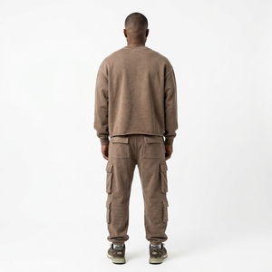 Conjunto de Pantalones y Sudadera Cargo Marrón Lavado para Hombre, Cuello Redondo Oversize, Bolsillos Utilitarios, Chándal Casual de Dos Piezas a Juego para Streetwear - Product Image 2