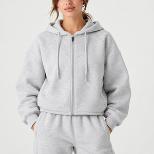 Sudadera con capucha para mujer, con cremallera completa, de algodón grueso, estilo oversize, informal, para streetwear, con bolsillos y logotipo personalizado - Product Image 1