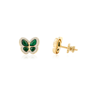 14K Art Deco Malachite Green Butterfly Stud <b>Earrings</b> - Product Image 5