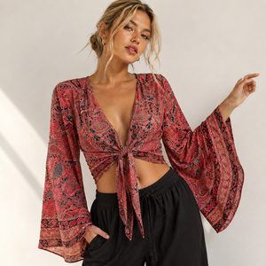 Bohemian Long Bell Sleeve Silk Tie <b>Top</b> for Women Hippie Wrap Crop <b>Top</b> Floral Print Summer Wear Front Tie <b>Top</b> for Beach Wear Bulk - Product Image 1
