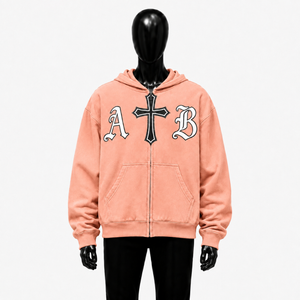 Sweat à capuche zippé rose pêche personnalisé, coupe oversize, motif croix gothique et lettres AB, streetwear unisexe, pour homme - Product Image 1