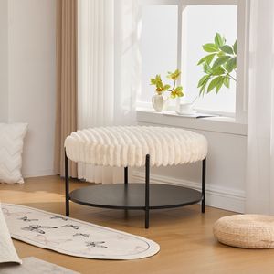 Tavolino da Caffè Rotondo Imbottito Largo 78,5 cm con Ripiano Aperto Effetto Legno e Gambe in Metallo Nero, Poggiapiedi e Sgabello - Product Image 4