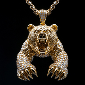 Collar con Colgante de Oso Grizzly de Lujo en Oro, con Circonitas Cúbicas, Diseño de Animal Rugiente, Chapado en Oro Blanco, Joyería Hip Hop para Hombre - Product Image 1