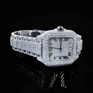 Montre à cadran carré sertie de pierres, bracelet en acier inoxydable entièrement pavé de CZ, montre-bracelet à quartz, style hip-hop de luxe - Product Image 2