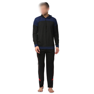 Survêtement à capuche pour homme, noir et bleu, blocs de couleur, manches longues, pantalon de jogging sportif avec poches latérales, respirant, polyester et coton, pour l'automne - Product Image 1
