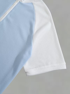 Men's New Summer <b>Waffle</b> Knit POLO <b>Shirt</b> Casual Loose Fit Breathable Short Sleeve Zipper Half-Open Placket Color Block Patchwork - Product Image 3