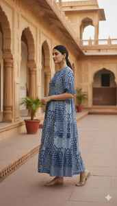 Vestido Midi Azul con Estampado Floral Hecho a Mano, de Algodón, Veraniego, para Mujer, Estilo Étnico Bohemio Indio, Artesanal, Corto, Orgánico, Natural, con Cintura Ajustada - Product Image 2