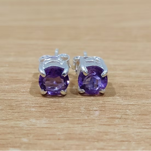Dainty Sterling <b>Silver</b> 925 Earrings With Amethyst Gemstone <b>Small</b> Round <b>Studs</b> Trendy Jewelry For Wedding Party Wear - Product Image 3