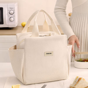 Cute Corduroy Insulated <b>Lunch</b> <b>Bag</b> with Side Pockets Thermal Cooler Tote for School <b>Girls</b> and Office Professionals - Product Image 2
