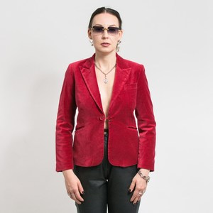 Blazer vintage en velours rouge, veste cintrée en velours pour femme, taille M - Product Image 3