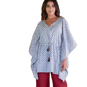 Verano algodón Kaftan Top pijama Boho moda Casual Wear vacaciones playa impreso 2 piezas conjunto tejido hasta el suelo patrón Natural - Product Image 2