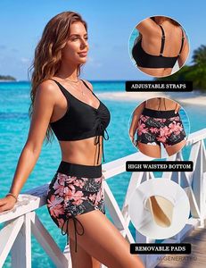 Women's 2-Piece Drawstring Bikini Set | Floral Print Swim Shorts & Top in Spandex - Product Image 3