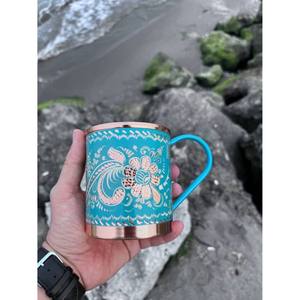 Handmade <b>Enamel</b> Copper Mug Floral Engraved Coffee Tea <b>Cup</b> Vintage Turkish Style Copper Drinkware Gift for Her - Product Image 2