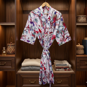 Kimono de algodón premium con estampado floral de pájaros, cuello en V, largo, con cinturón, para estar en casa, suave y transpirable. - Product Image 3