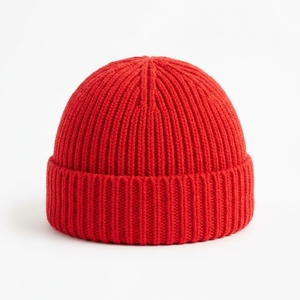 Gorro de Punto Acrílico Rojo con Nervaduras, Gorro de Invierno de Color Sólido, Tejido a Mano, Estilo Casual para Mujer, 56-58CM - Product Image 1