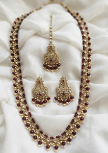 Crystal <b>Beaded</b> Long Necklace <b>Set</b> Kundan Work Traditional Indian Mala Antique Gold Plated Zircon Stones Gift Engagement Party - Product Image 2