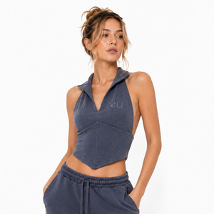 Haut court gris à capuche pour femme, style corset, col en V, dos nu, sans manches, sweat-shirt personnalisé avec logo, débardeur uni, streetwear décontracté - Product Image 4