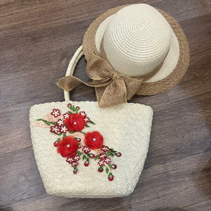 Sac fourre-tout décontracté en paille tressée, style boîte, vintage, rond, avec bandoulière en cuir PU, fermeture éclair et broderie - Product Image 3