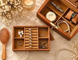 Wooden Floral Wedding Rectangle Painted Finish Jewelry Storage Chest Mirror Pull-Out Tray Drawers Necklace Hooks <b>Ring</b> - Product Image 5