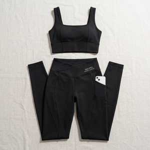 Womens <b>Black</b> Square Neck <b>Yoga</b> Set Sports Bra High Waist Pocket <b>Leggings</b> Gym Fitness Workout Activewear Two Piece - Product Image 5
