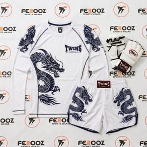 Vêtements d'entraînement de combat blancs et roses avec illustration de dragon, haut de sport à manches longues et short léger pour la lutte - Product Image 3