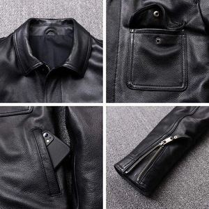 Chaqueta de cuero genuino negra para hombre con cuello de camisa y cuatro bolsillos utilitarios - Product Image 5