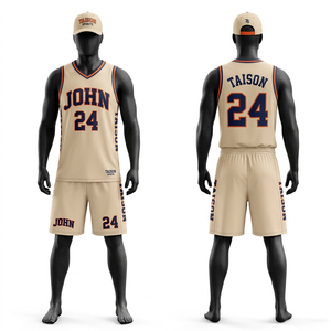 Ensemble short et maillot de basket pour homme, tissu polyester haute qualité 180 GSM, beige et or avec empiècements contrastants, coupe athlétique, personnalisable par sublimation - Product Image 4