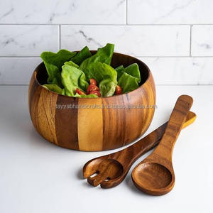 Cuenco de madera para servir, utensilios de cocina únicos, diseño decorativo de madera de acacia, cuenco de acero inoxidable, diseño de mango de ciervo de La India - Product Image 4