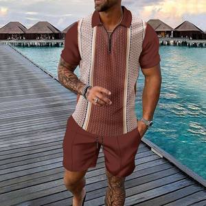 Men's Summer New Casual Sports Breathable Knitted Printed Short Sleeve <b>Zipper</b> Lapel <b>Top</b> Shorts 2 Piece Set Fashion - Product Image 4