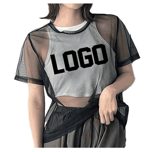 เสื้อยืดแขนสั้นผู้หญิงแบรนด์แฟชั่นปี 2025 ลายพิมพ์แบบครอสบอร์เดอร์ ผ้าตาข่ายโปร่ง สไตล์เซเลบริตี้  งานถักทอ - Product Image 4