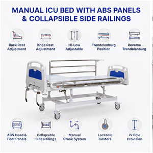 Manual ICU <b>Bed</b> with ABS Panels & Collapsible <b>Side</b> <b>Railings</b> - Product Image 2