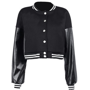 Good Supplier Newest OEM ODM Women's Varsity <b>Jacket</b> Solid Color Block Contrast <b>Sleeve</b> O-Neck Full <b>Sleeve</b> <b>Short</b> Length Crop Style - Product Image 1