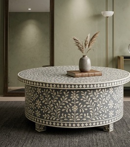 Mesa de Centro Redonda de Resina con Incrustaciones de Hueso, Diseño Geométrico Floral, Mueble Moderno para Sala de Estar - Product Image 1