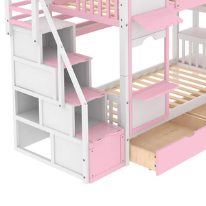 Wholesale Full Over Full Bunk Bed with 2 Drawers 3 Shelves and Slide White & Pink <b>Wooden</b> <b>Princess</b> <b>Castle</b> Bunk Bed for Girl - Product Image 3