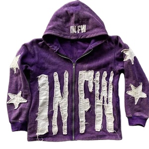 Unisex Heavyweight Distressed Embroidery Cut Sew Zipper Vintage Patch Hoodie Custom Logo <b>Men's</b> Acid Oversized Clothing - Product Image 1
