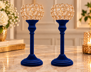 Ensemble de 2 porte-bougies en velours bleu luxueux avec boule de cristal, supports décoratifs en métal pour mariage et décoration intérieure - Product Image 3