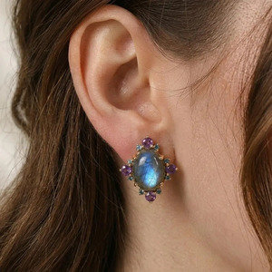 Unique Design Gold Plated Labradorite <b>Blue</b> Topaz Amethyst Statement <b>Earrings</b>, Multiple Stone Statement <b>Studs</b> - Product Image 3